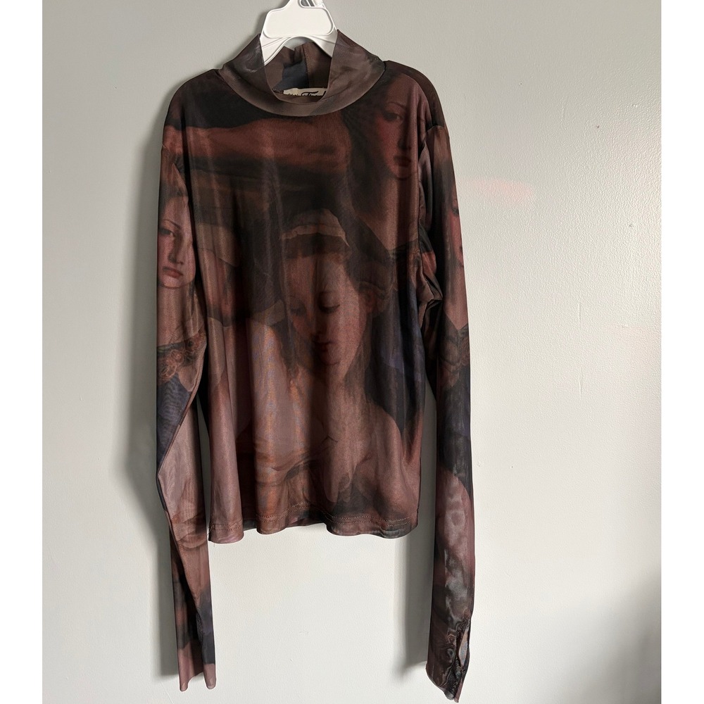 She's So Fresh Renaissance Art Print Mesh Top Brown Mock Neck Long Sleeve L